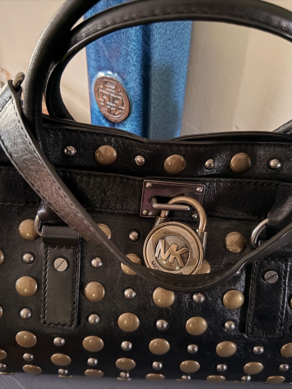 Michael Kors Black Leather Studded Satchel with Gold-Tone Hardware